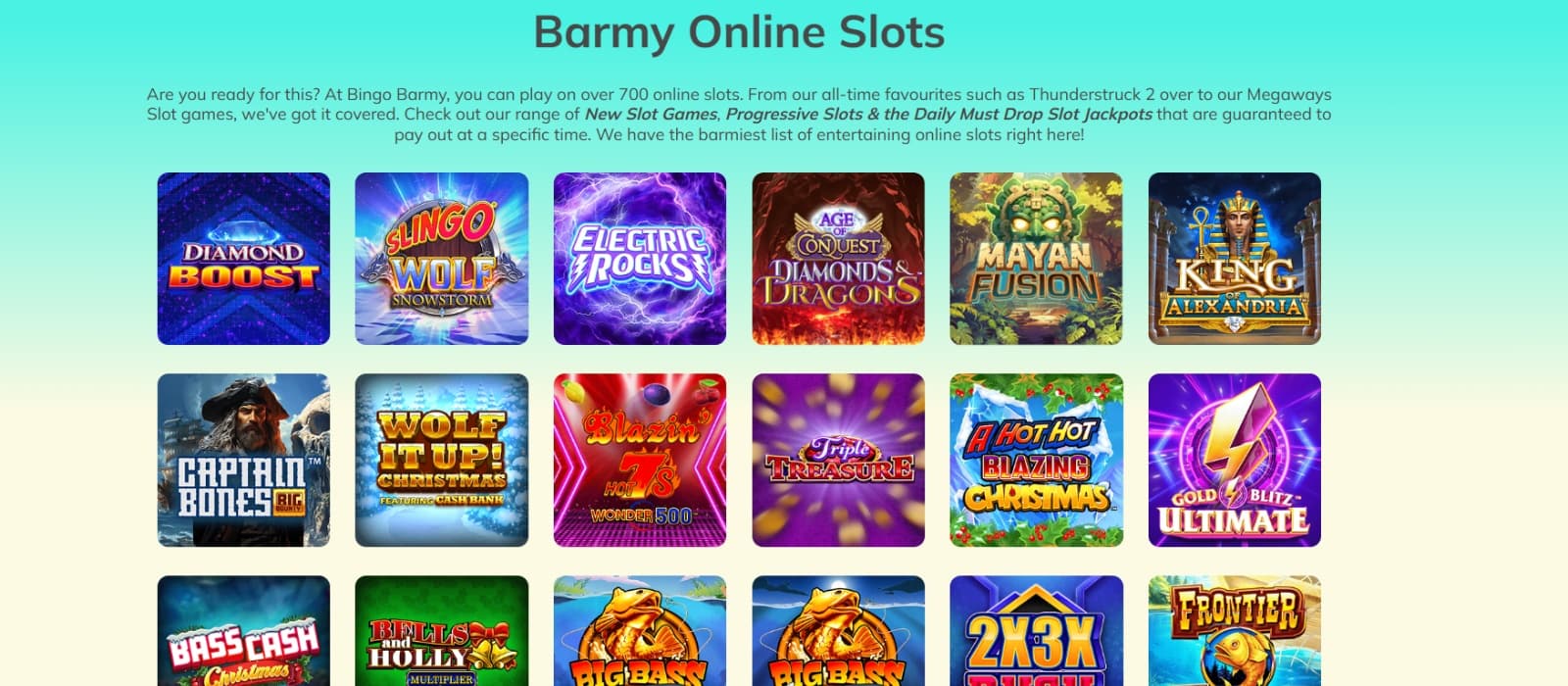 Bingo Barmy Slots page with Big Bass series and electric themed titles 