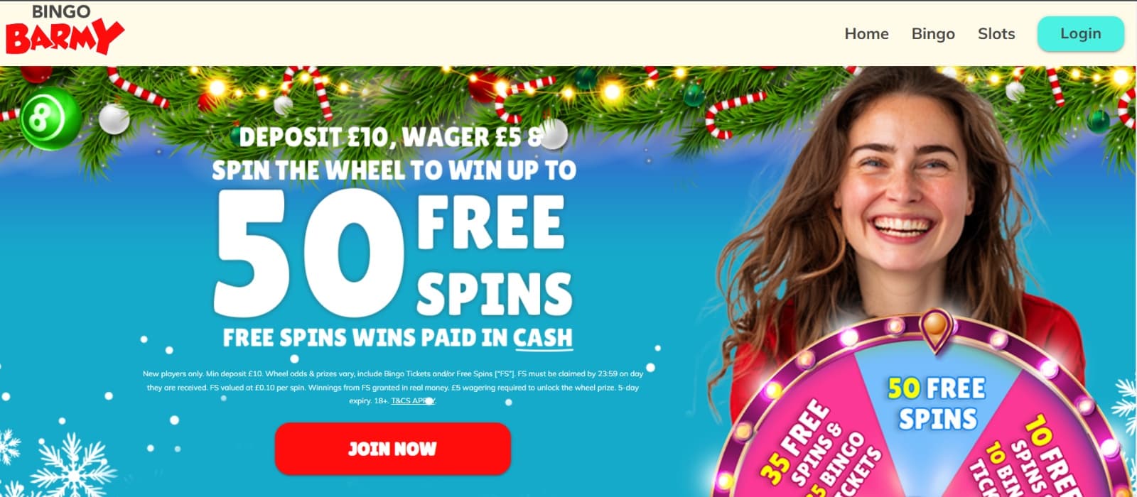 Bingo Barmy Casino Landing page with smiling woman and wheel prize 