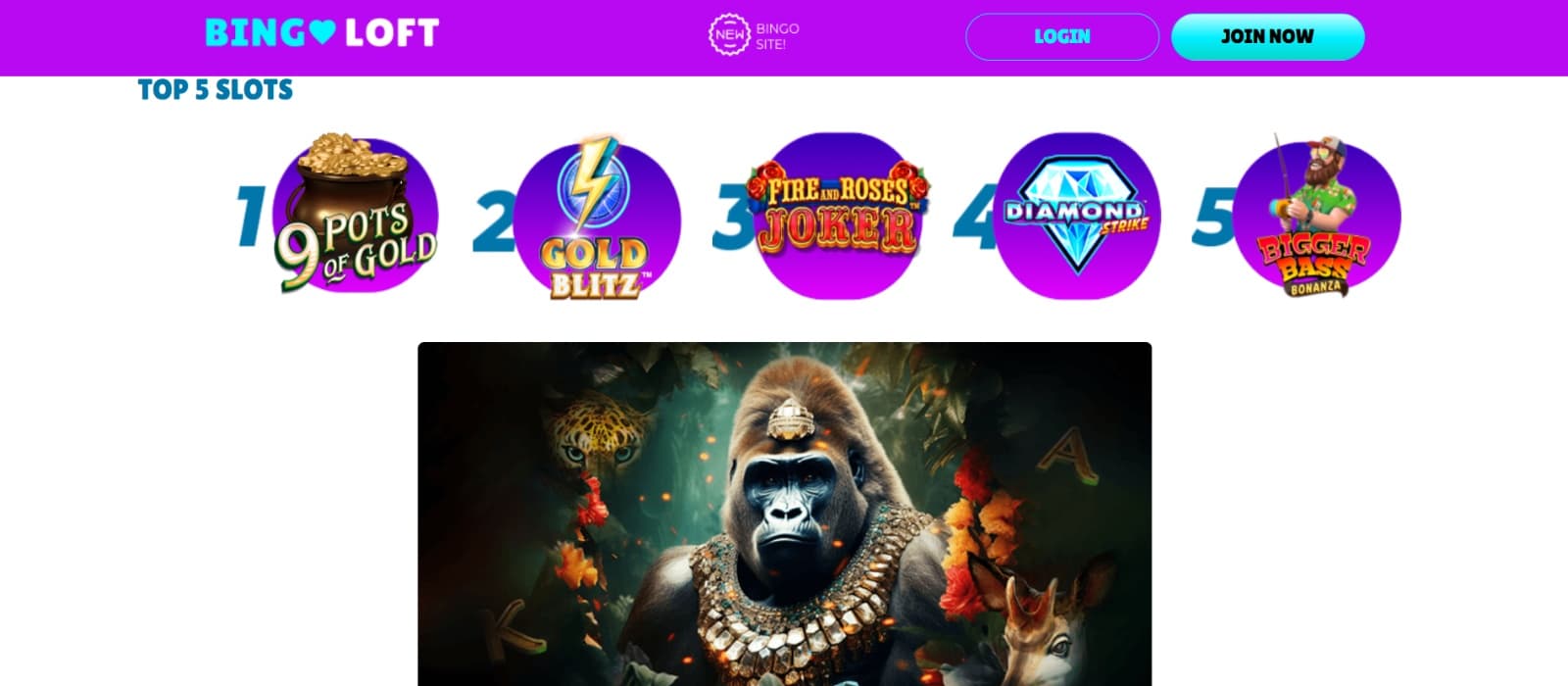BingoLoft Casino games section with Gorilla slot with jewellery 