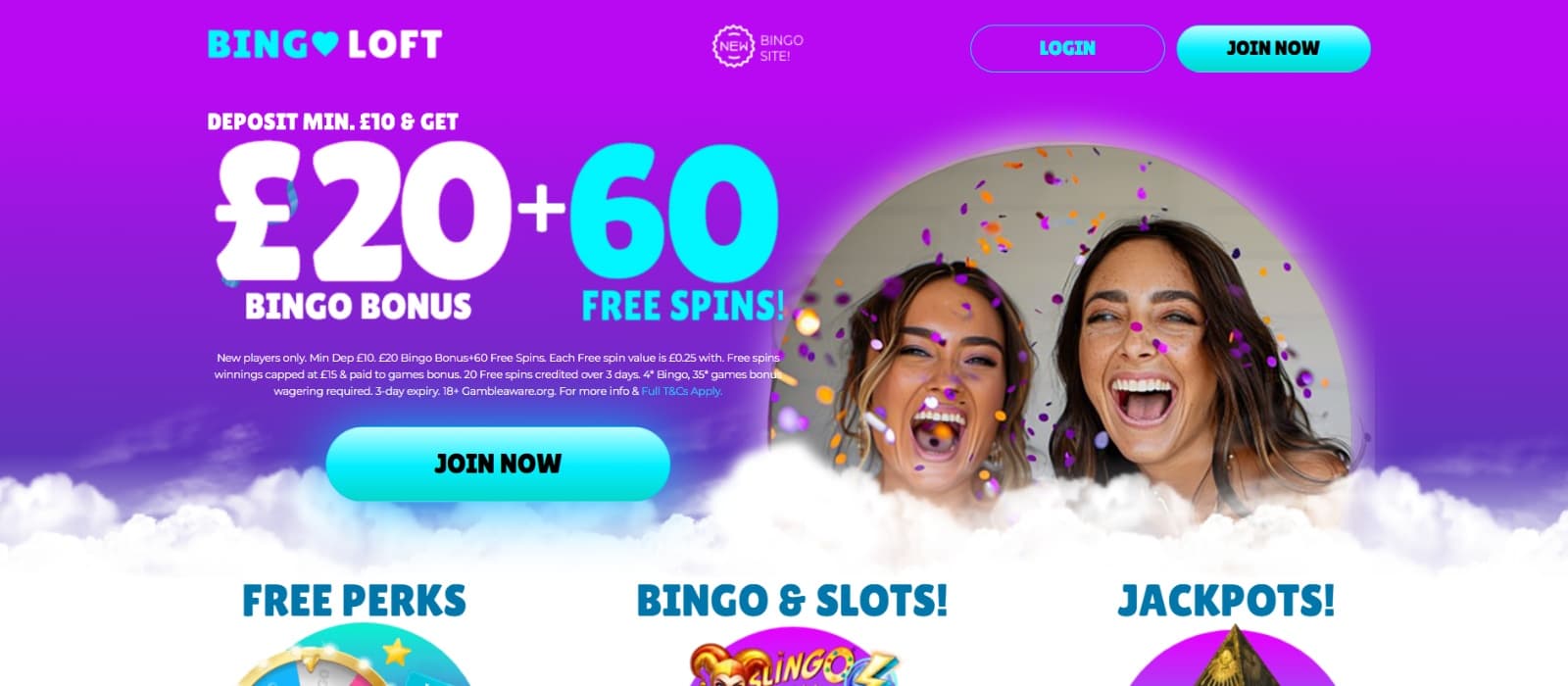 BingoLoft Casino landing page with two women smiling at bonus promotion 