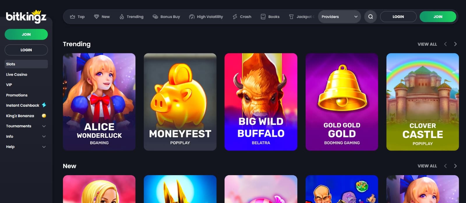 BitKingz casino games page with Alice in Wonderland slot under game categories and search option