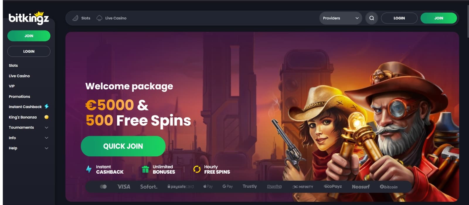 BitKingz casino landing page with cowboys on welcome promotional banner