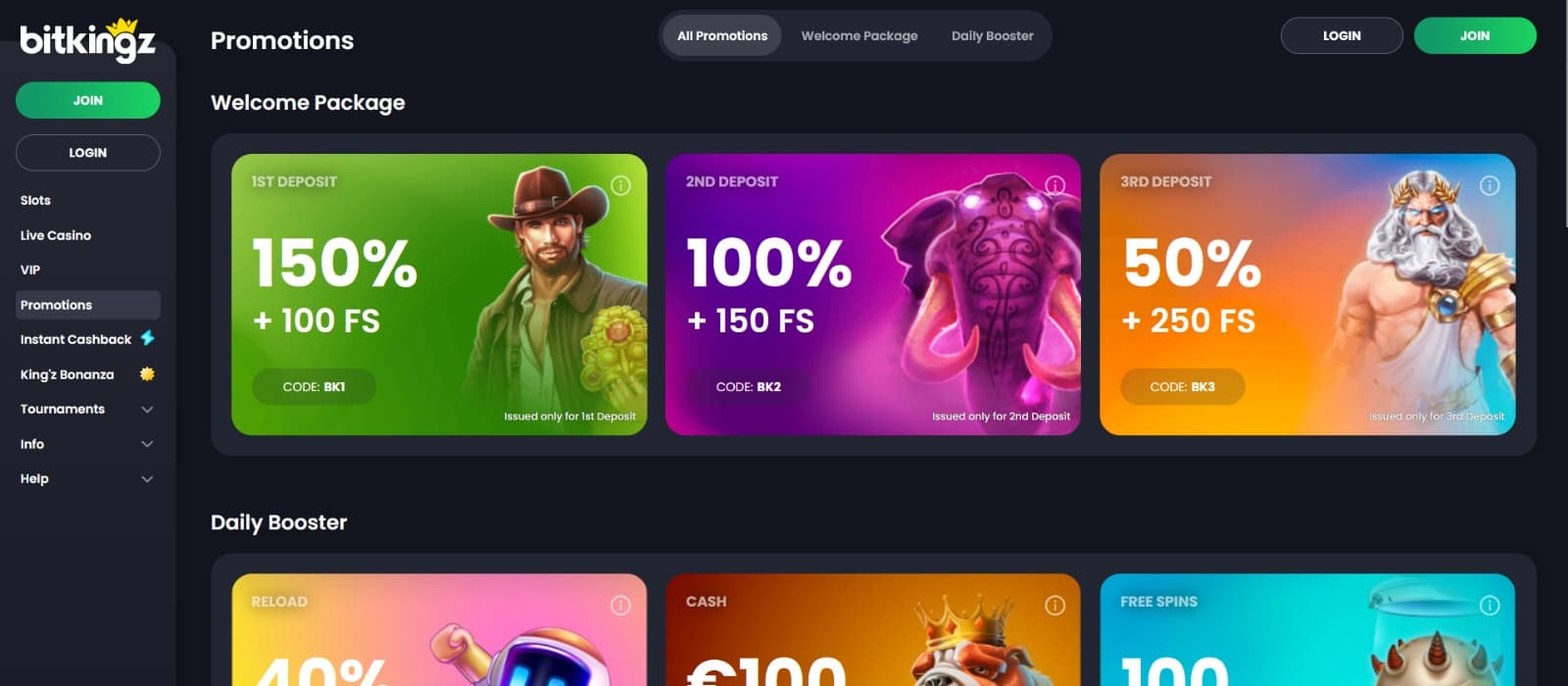 BitKingz casino promotions page with three part welcome bonus and daily rewards