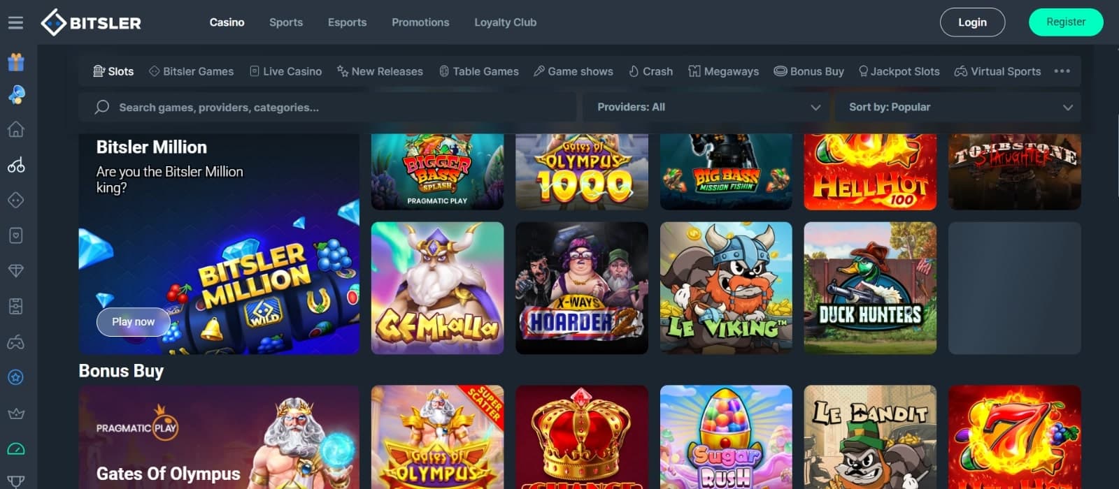 Bitsler Casino's slot games category, showing titles such as Gates of Olympus 1000 and other games.