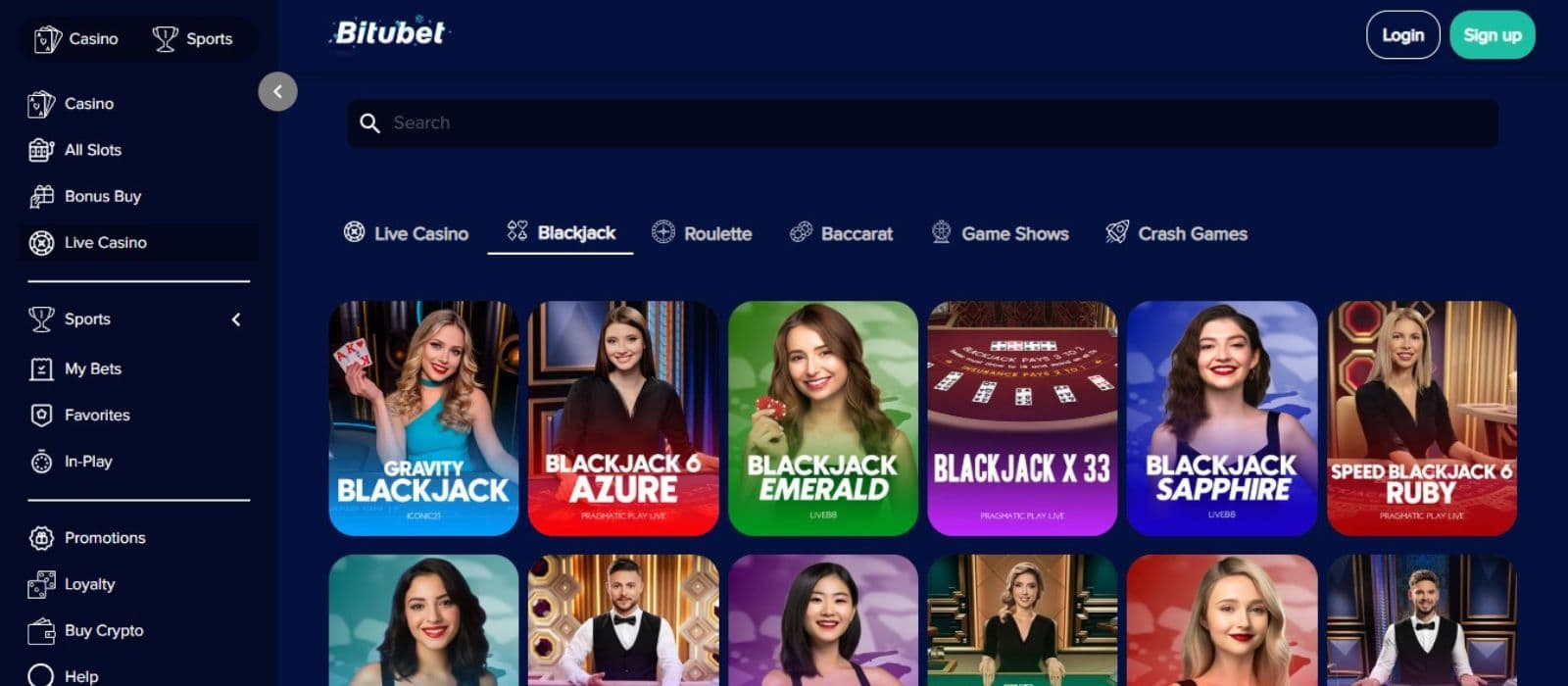 Bitubet Casino's live games section, showing variations of blackjack.