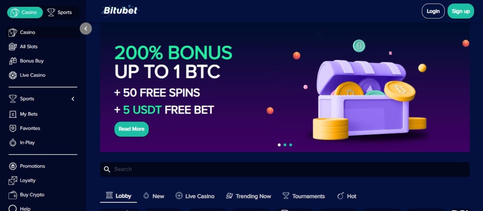 Bitubet Casino's homepage showing the welcome bonus and a sidebar menu.