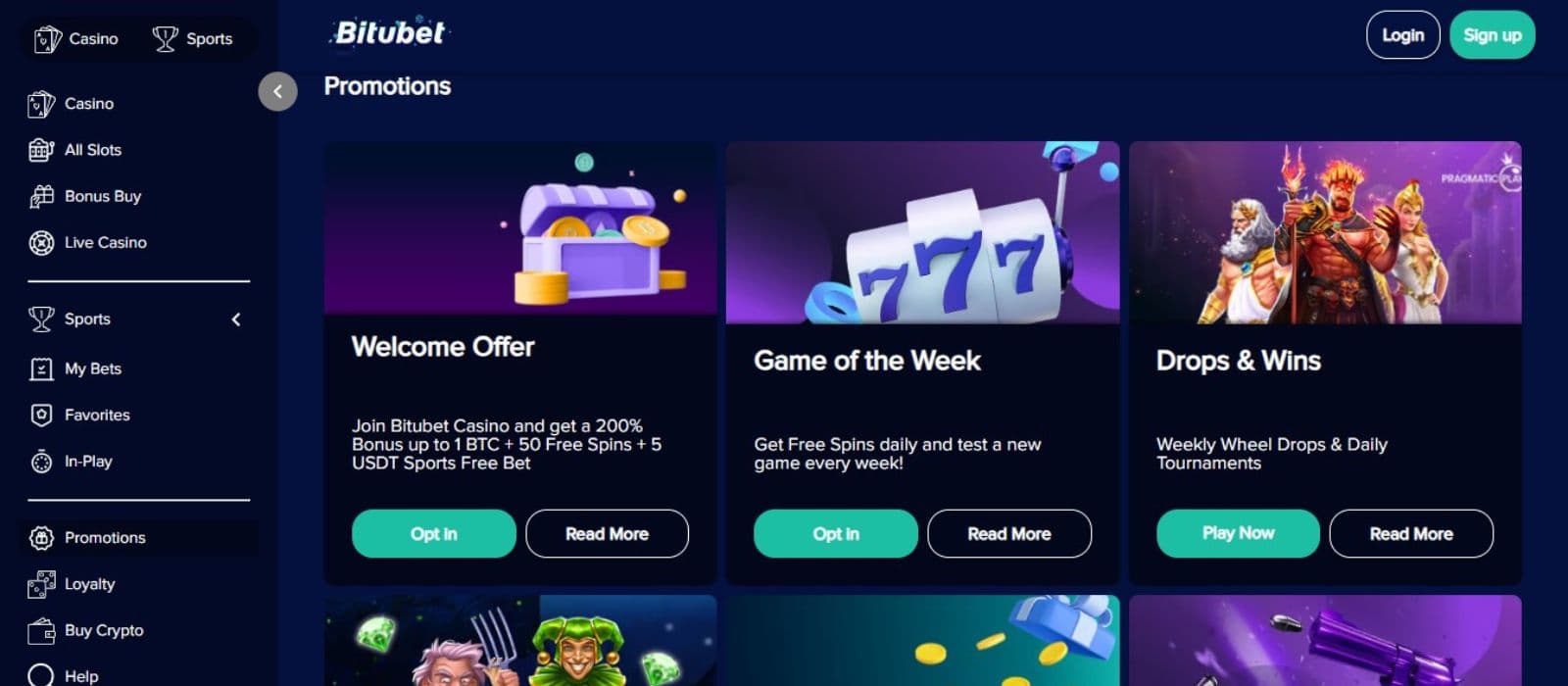 Bitubet Casino's promotions page, showing the welcome package and other exciting bonuses.