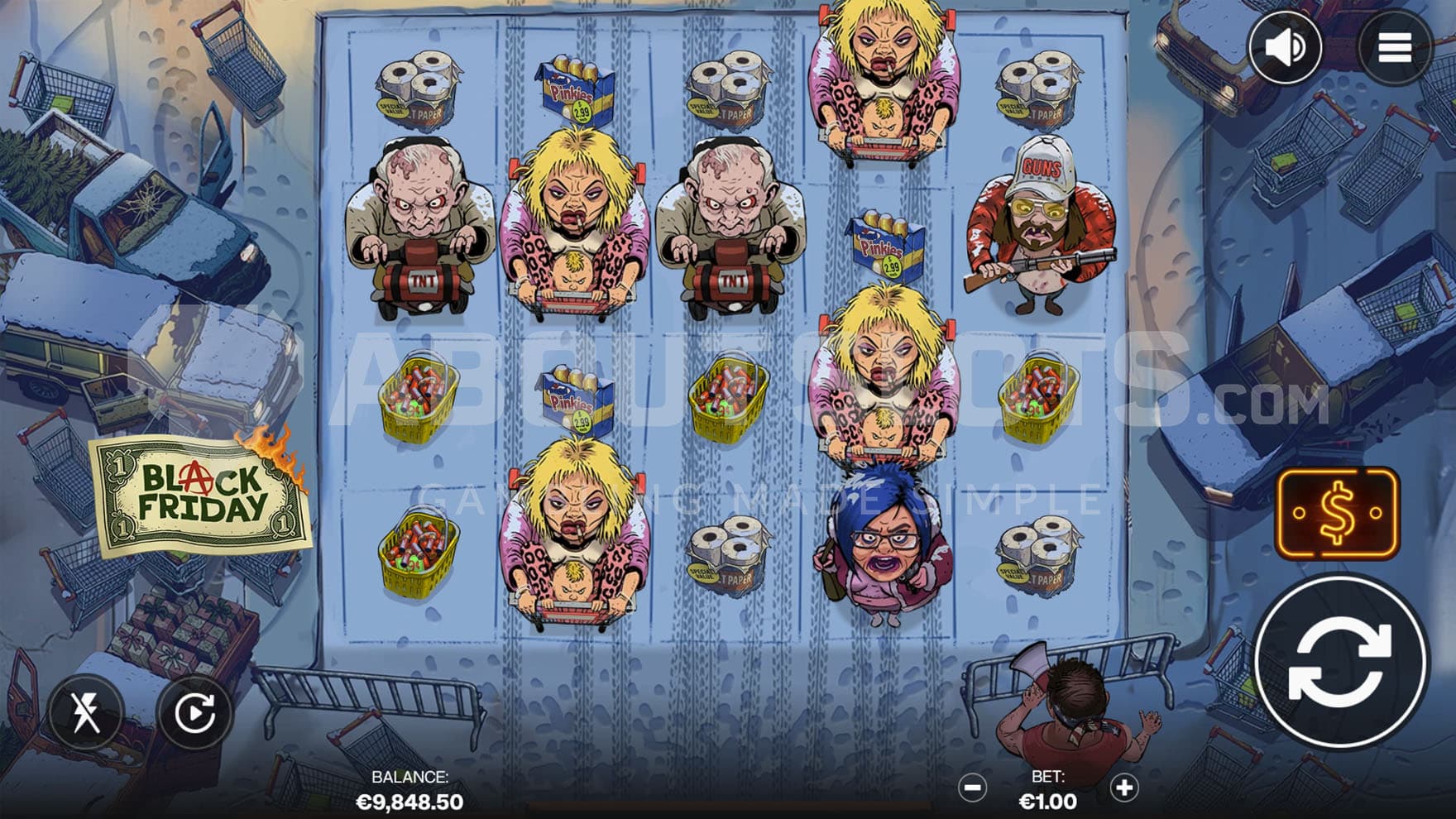 Base Game view of a 5x4 grid on a backdrop of a cartoony parking lot in front of a shopping center.