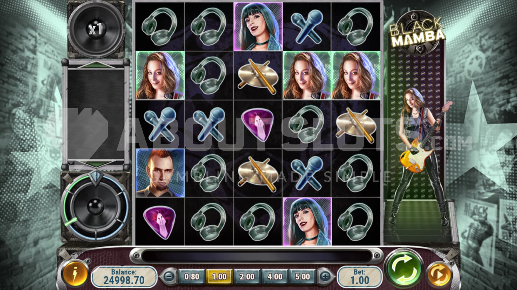 Base Game view of a 5x5 grid with a female guitarist standing on the right.