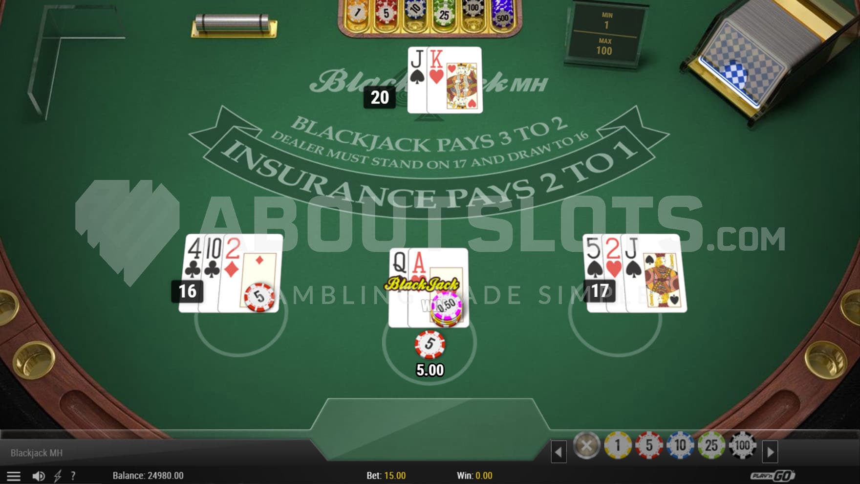 Base Game screen situated on a casino table, showing 3 hands dealt to the player and one to the dealer.
