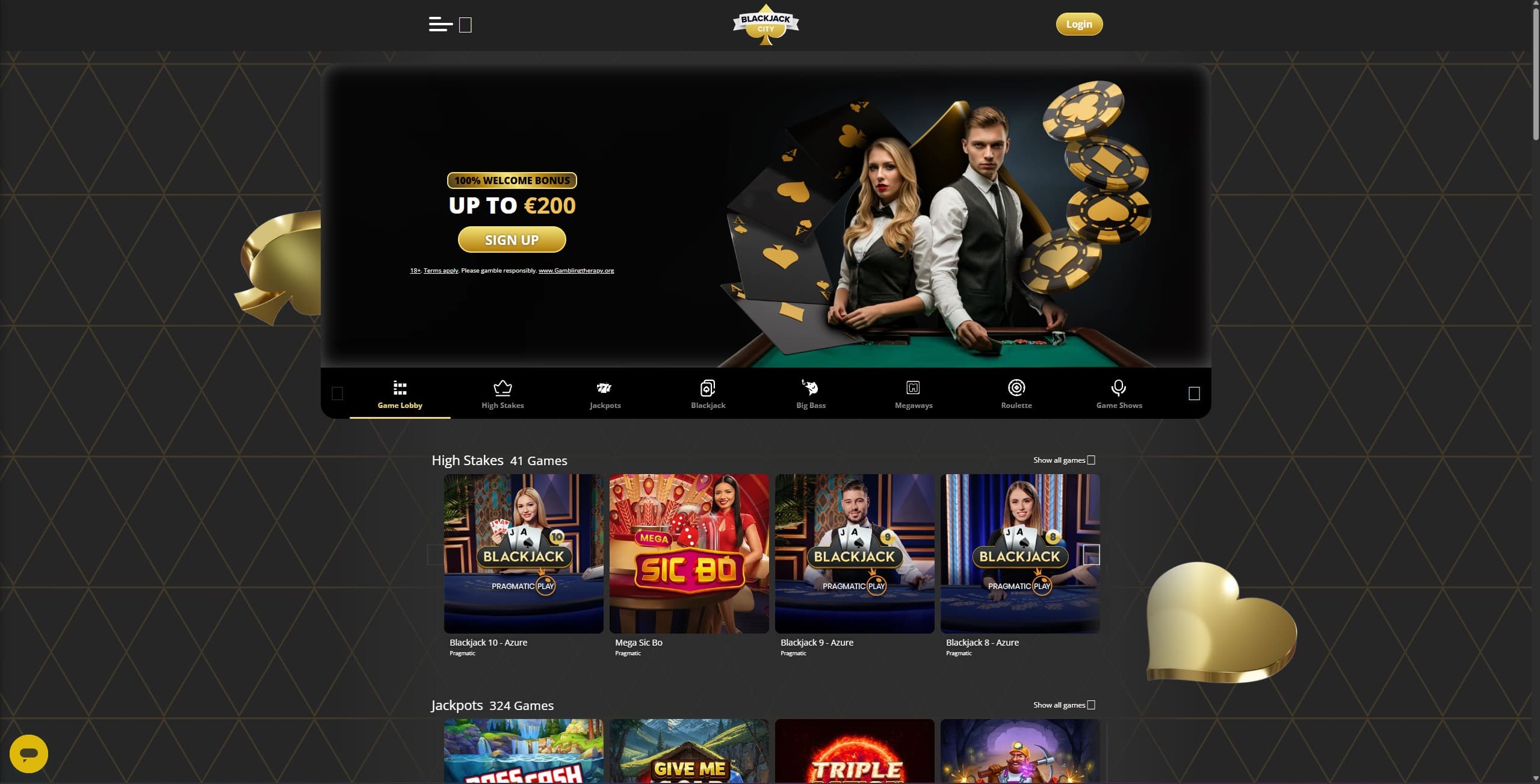 BlackjackCity Landing Page showing a selection of live games and game categories