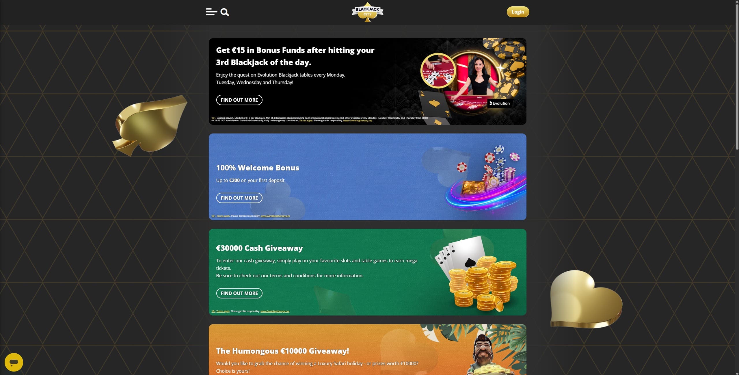 BlackjackCity Promotions Page showing the available bonuses and promotions