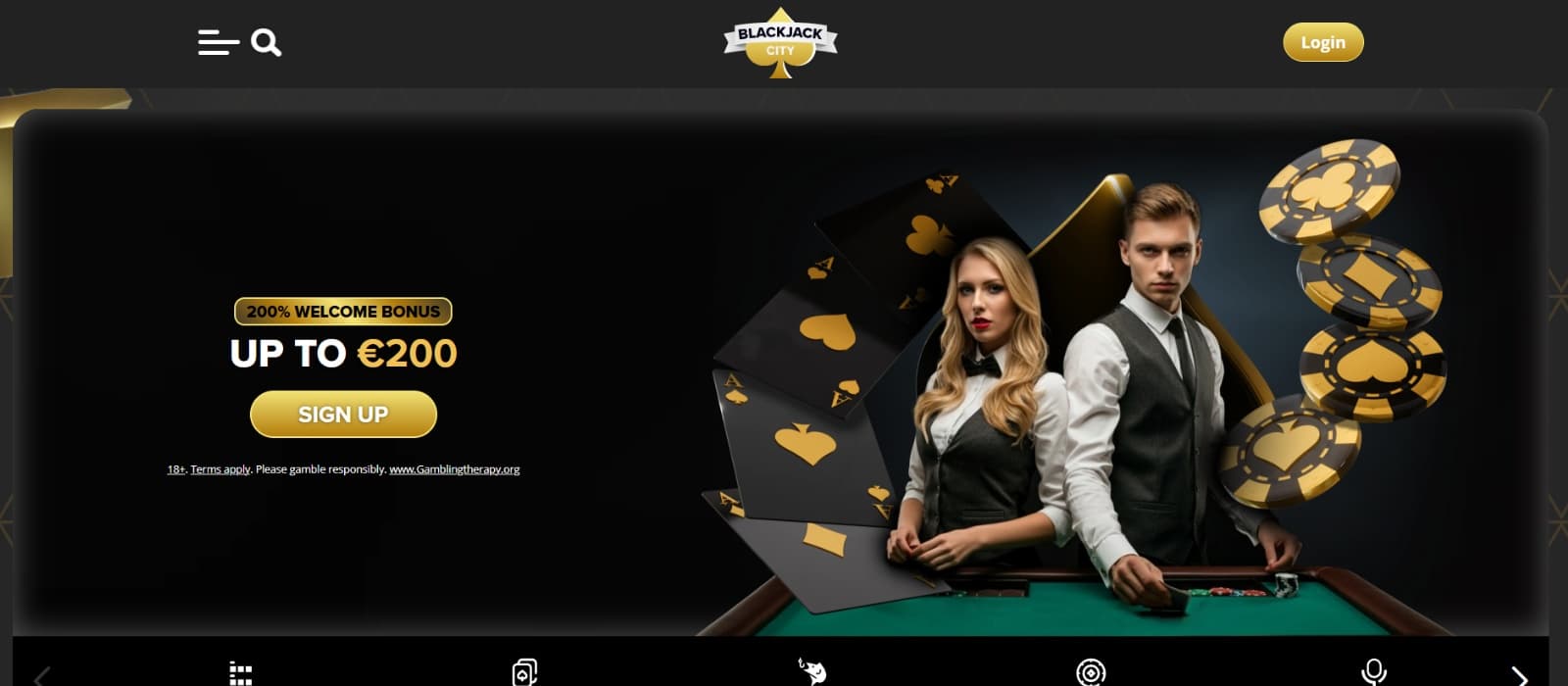 Blackjack City Casino landing page with live dealers on  welcome bonus banner