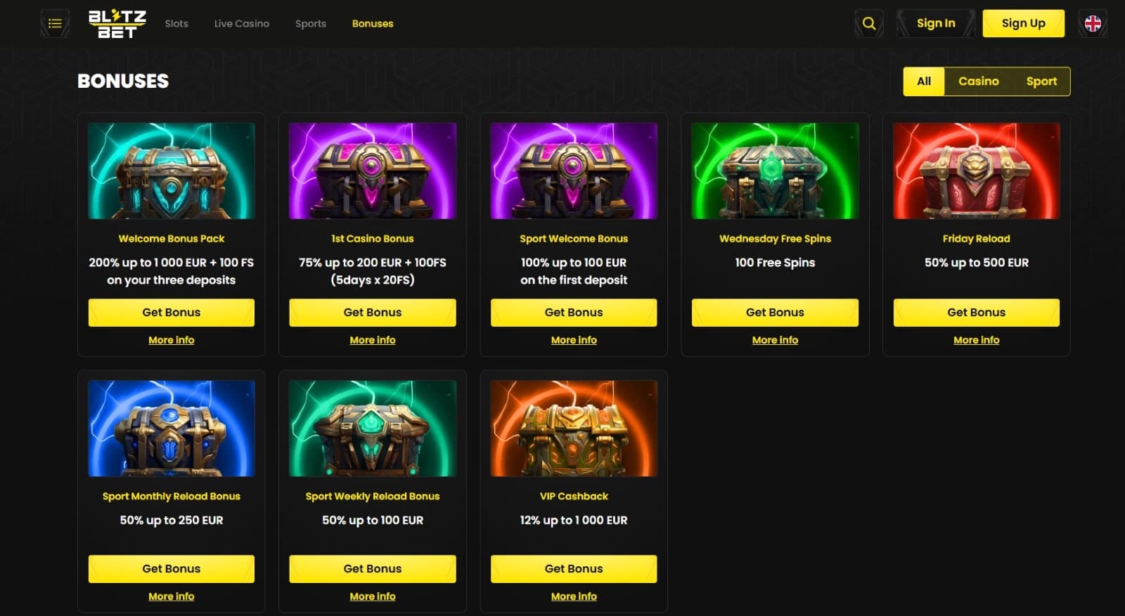 The promotions page of Blitz-Bet Casino shows a wide range of bonuses, such as the welcome bonus pack, sports welcome bonus, and more.
