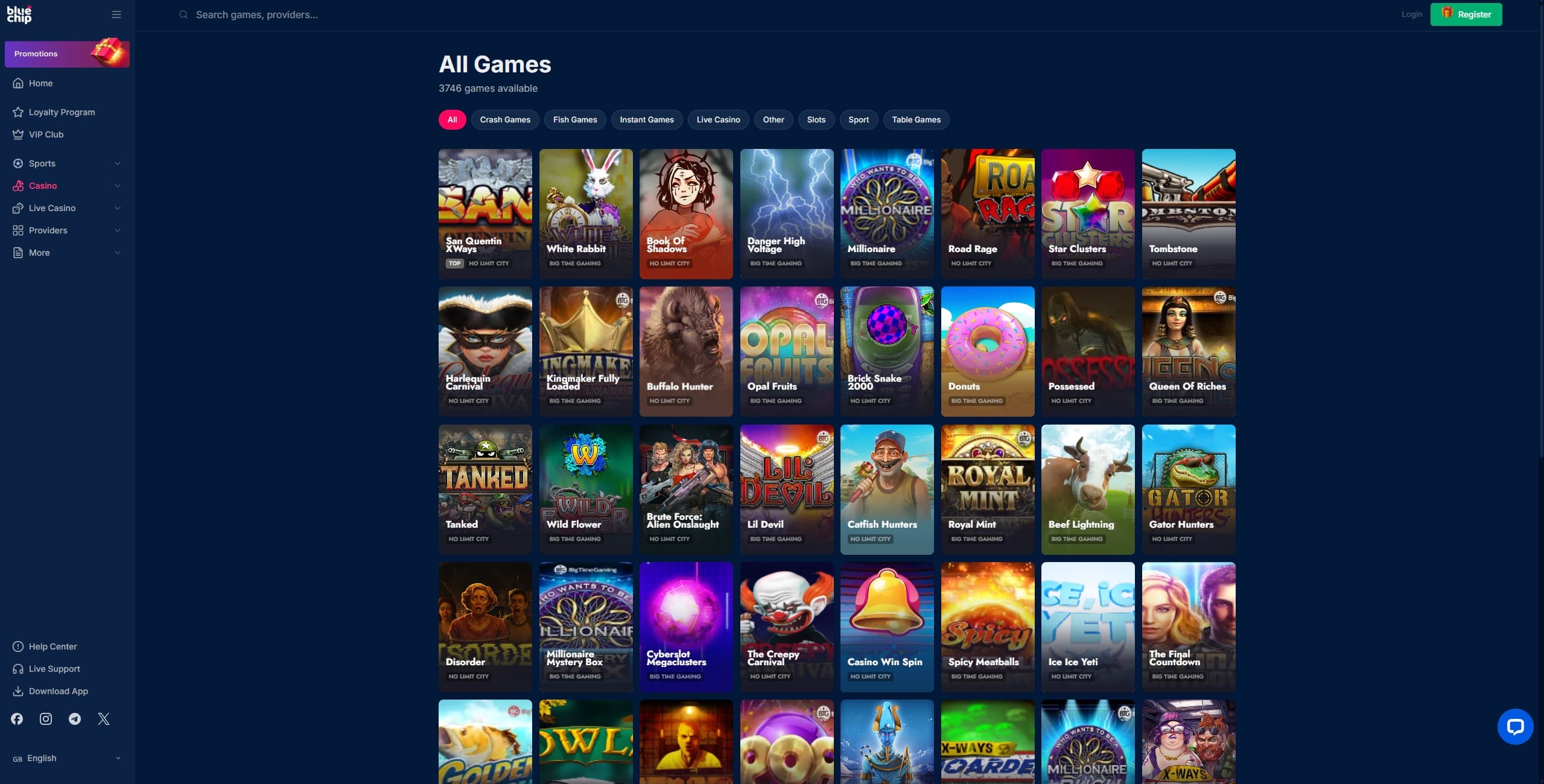 BlueChip Games Page showing a selection of games and the main menu