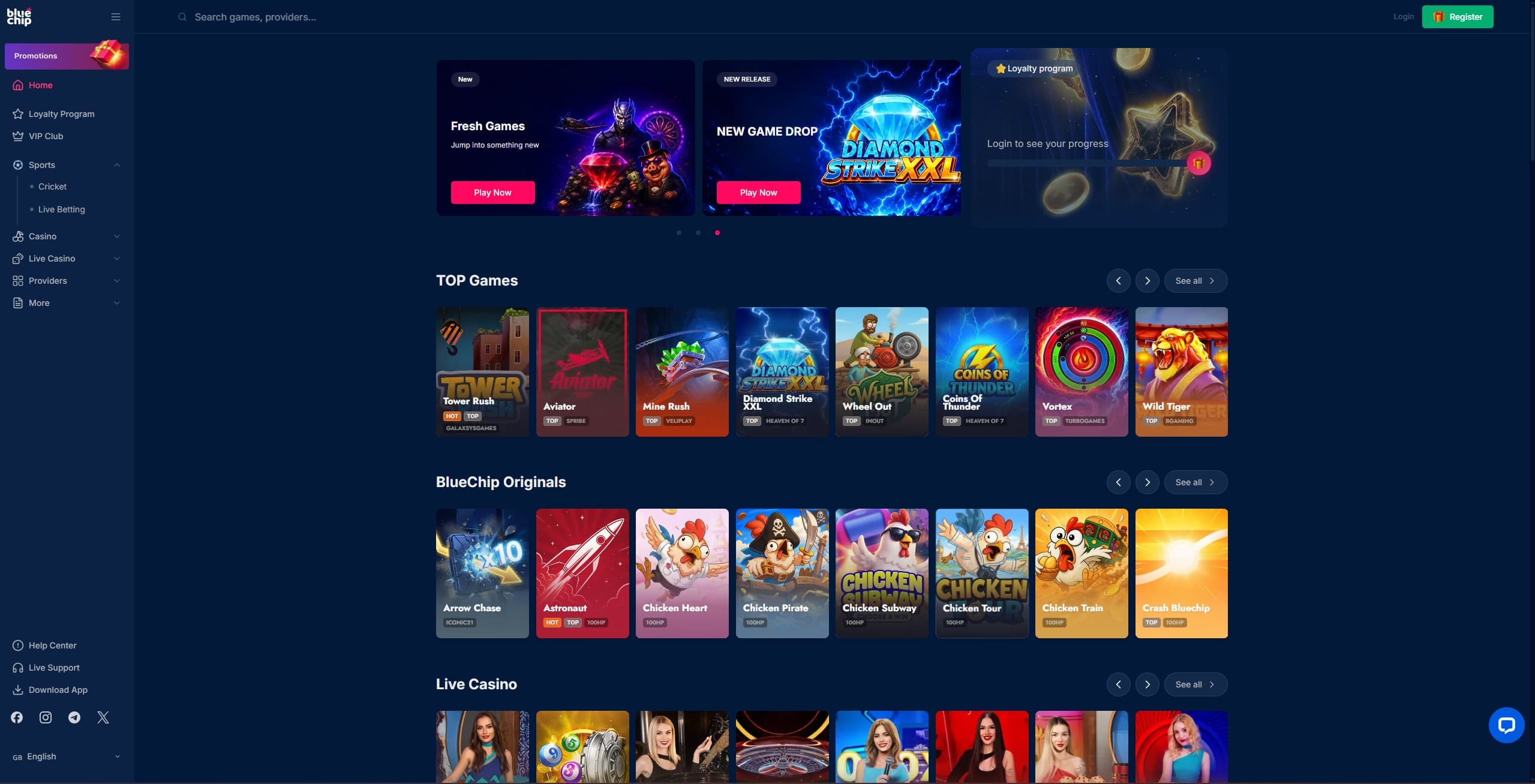 BlueChip Landing Page showing a selection of games and the main menu