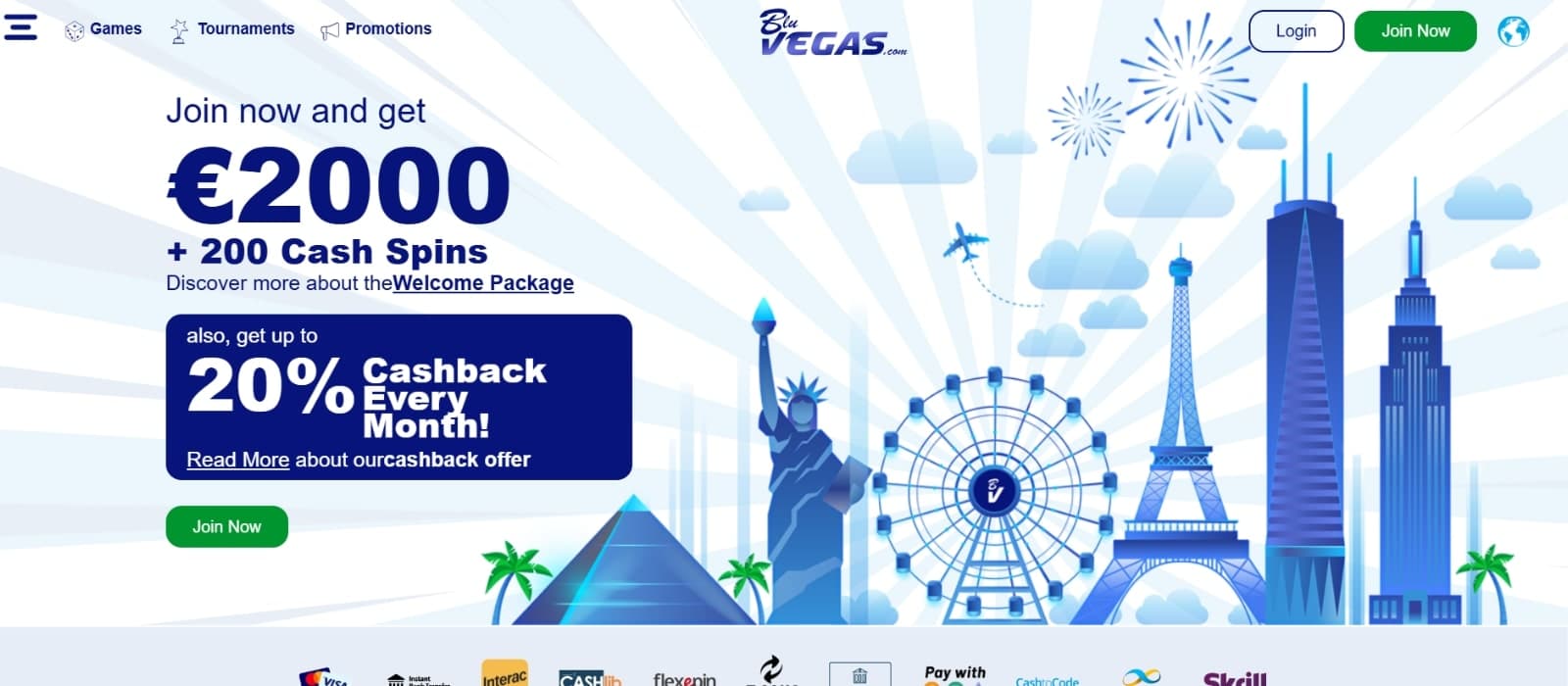 BluVegas Casino's landing page featuring the welcome offer of 2000 euros and 200 cash spins and cashback bonus over image of Las Vegas strip