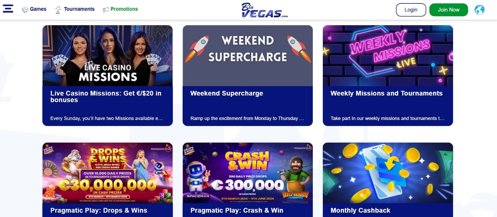 BluVegas Casino promotions page listing the welcome bonus, live casino missions, weekend reload, weekly missions, monthly cashback and many more