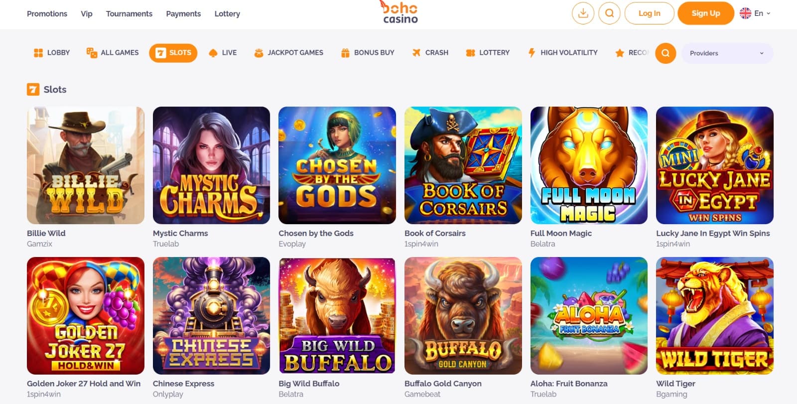 Boho Casino games page with slot titles under game categories