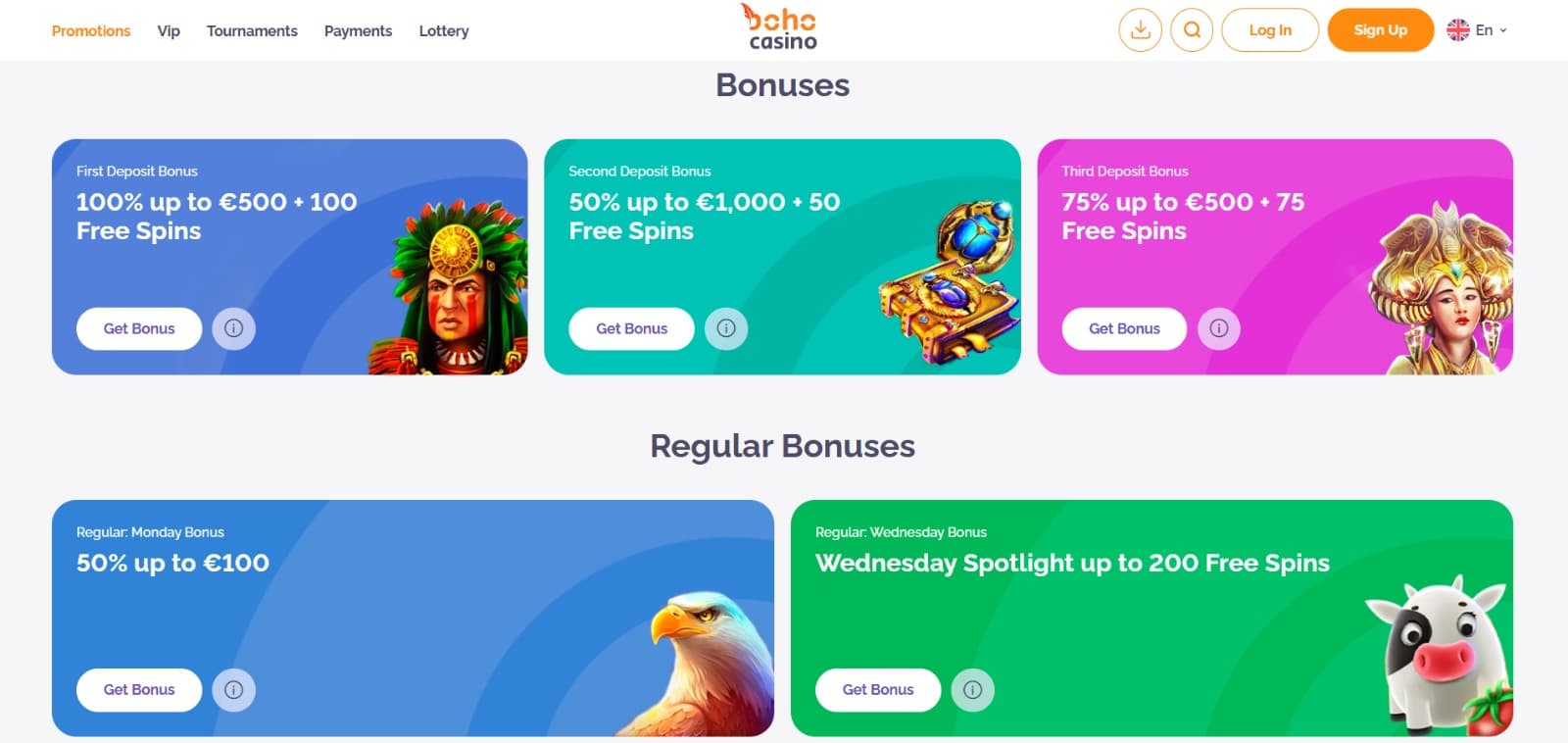 Boho Casino promotions page with three part  welcome bonus and regular bonuses