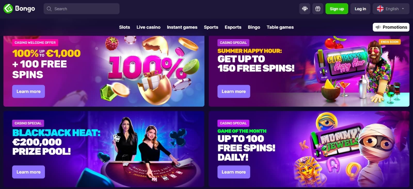 Bongo Casino promotions page with the welcome first deposit bonus 1000 eur and summer happy hour promo