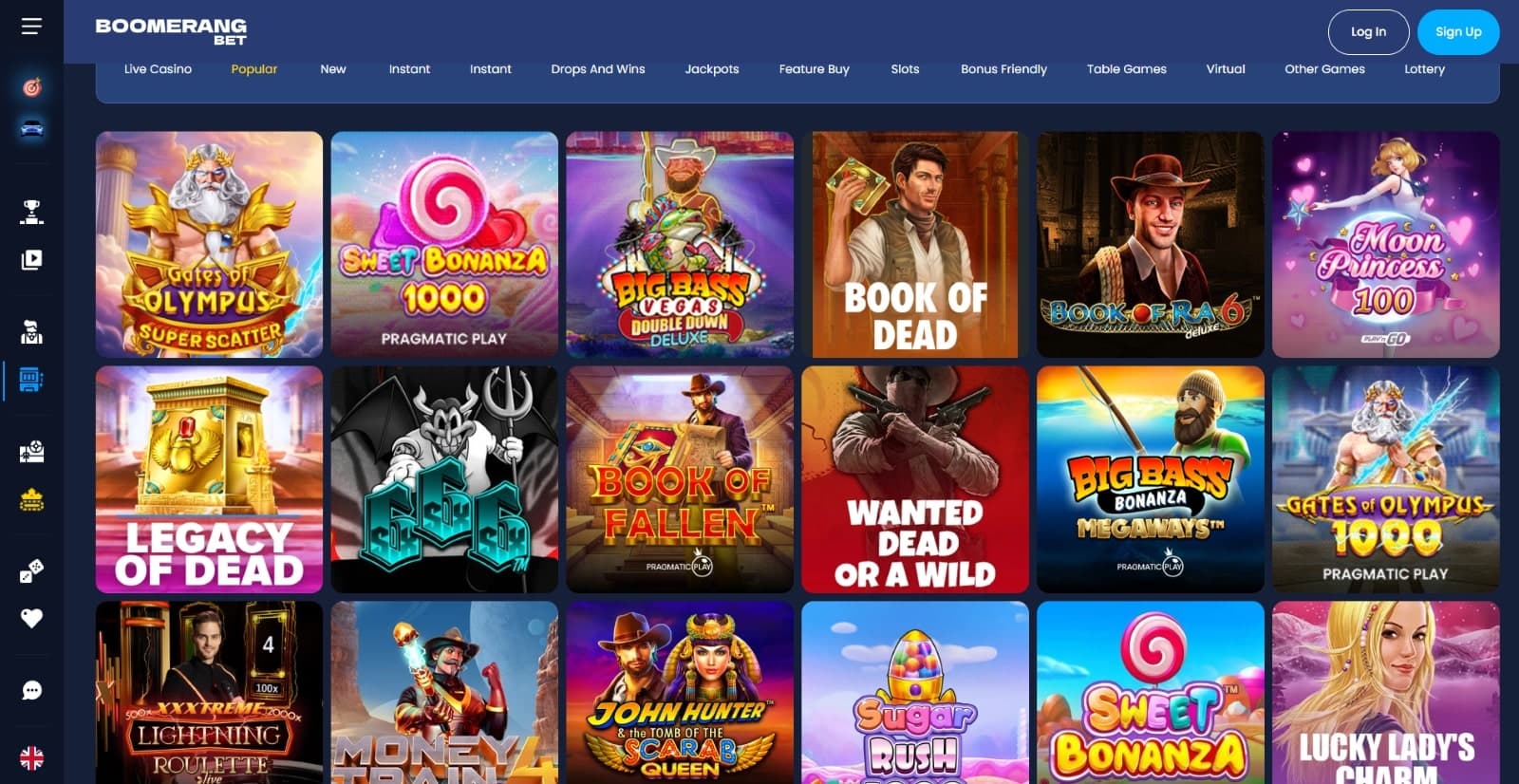Boomerang.bet Casino games page featuring slots such as Gates of Olympus, Moon Princess 1000 and many other