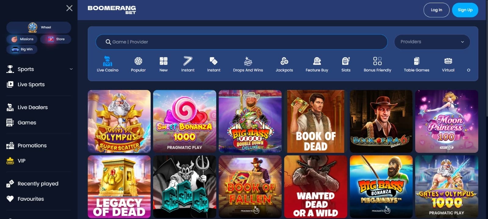 Boomerang.Bet Casino landing page with game search options and category tabs and featured video slots