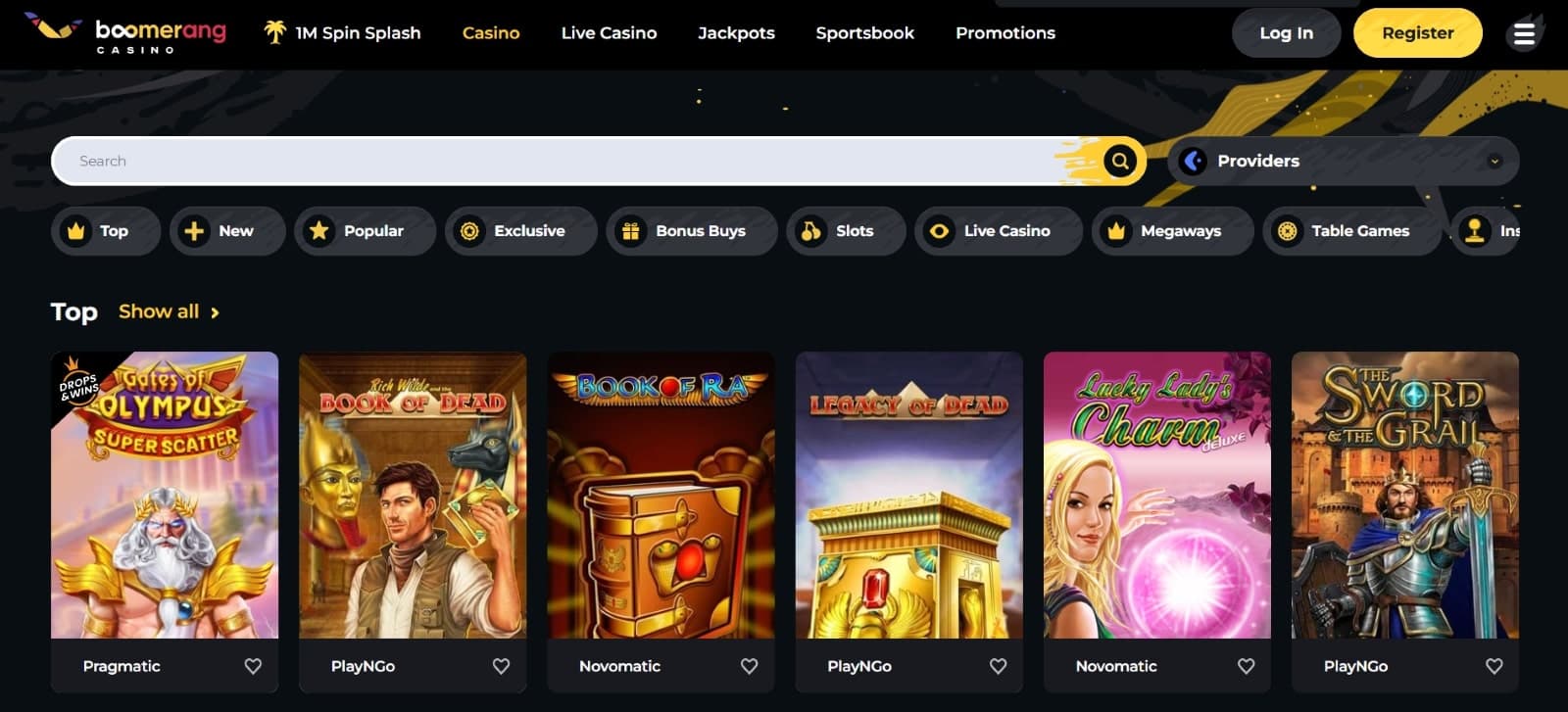 Boomerang Casino's slot games category, showing titles such as Gates of Olympus and other exciting games.