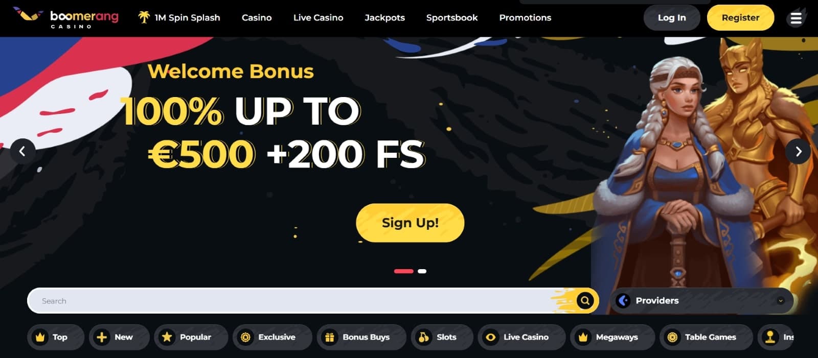 Boomerang Casino's homepage, showing the 100% welcome bonus of 500 eur and 200 free spins and game categories.