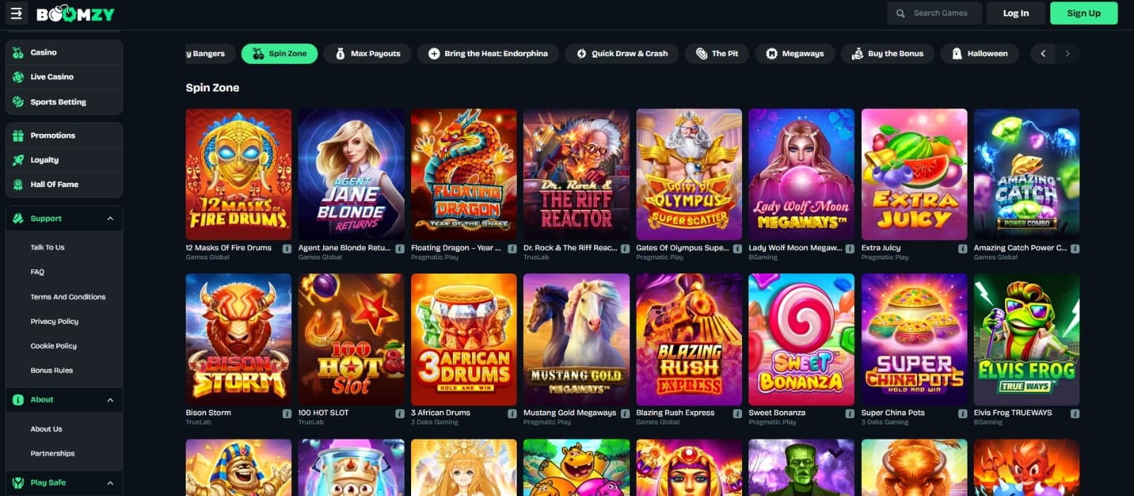 Boomzy Casino's game page featuring slots such as Reactoonz 100, Bison Madness, Elvis Frog Trueways and many other exciting casino games