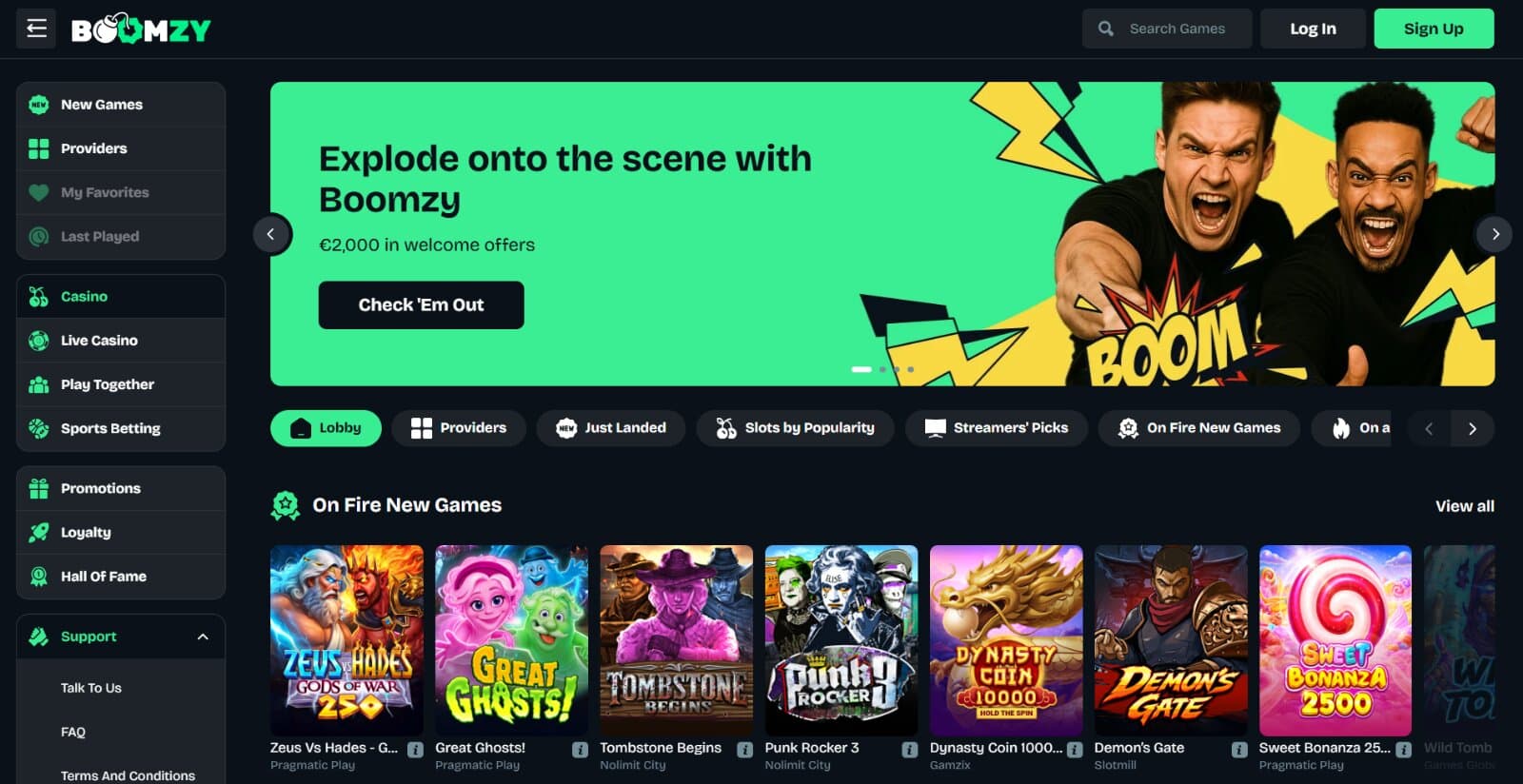 Boomzy Casino's game page featuring slot and table game icons under general tab categories and side navigation menu