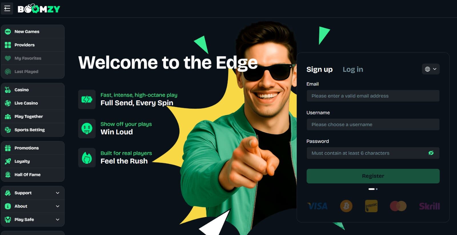 Boomzy Casino's landing page with welcome banner and register form next to side menu with main casino pages