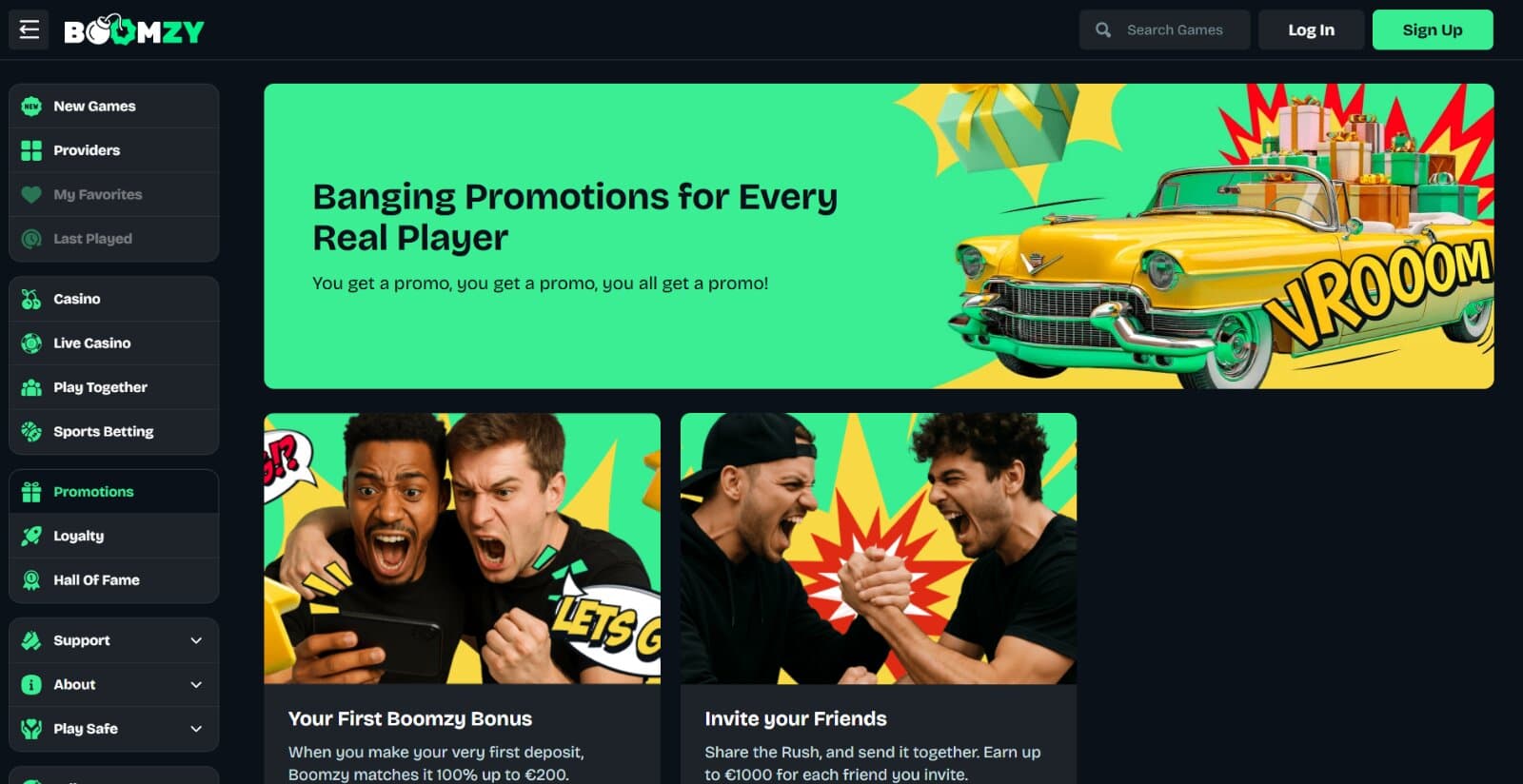 Boomzy Casino promotions page with welcome bonus and referral bonus, with images of winning players