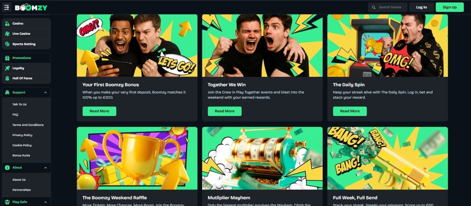 Boomzy Casino promotions page with welcome bonus, daily spins, weekend raffle and other promotions, with images of winning players