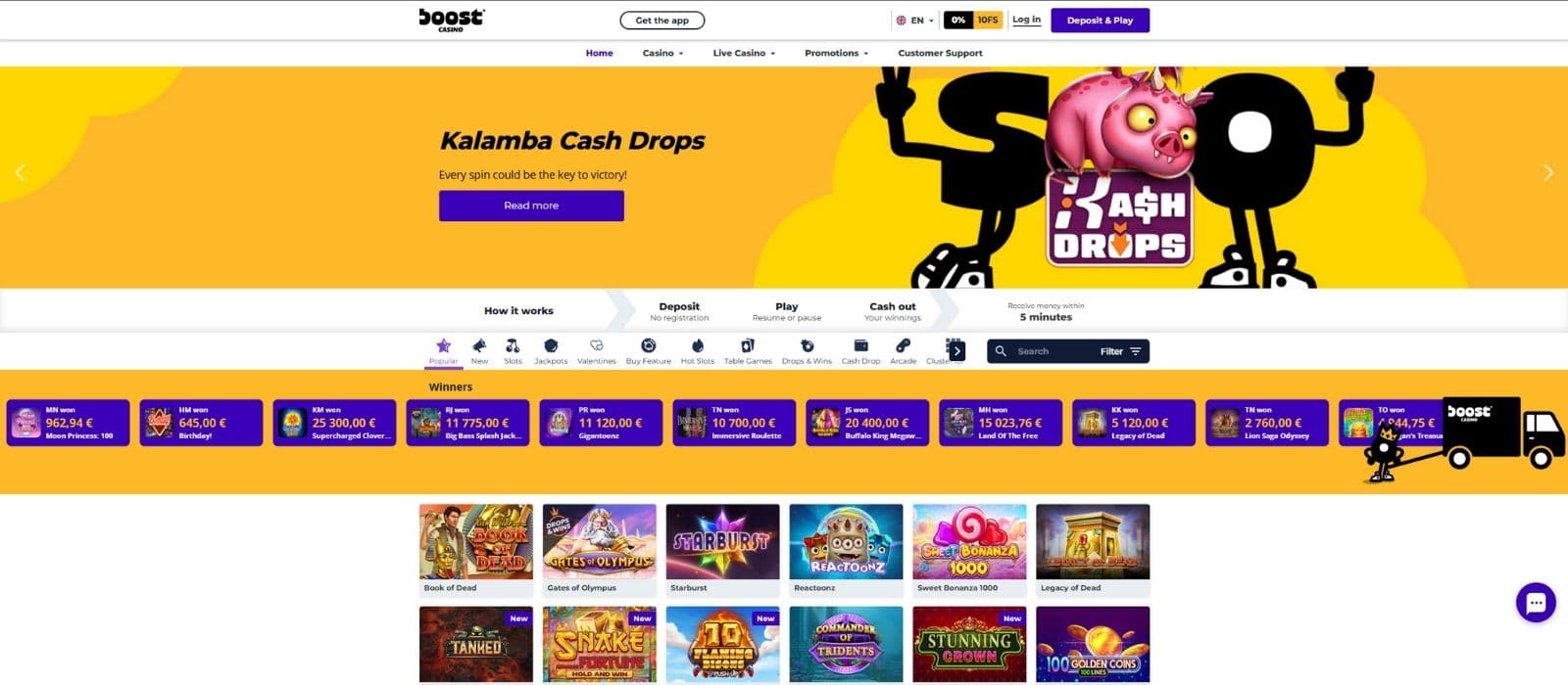 boost casino featuring a bright yellow homepage and a preview of the games