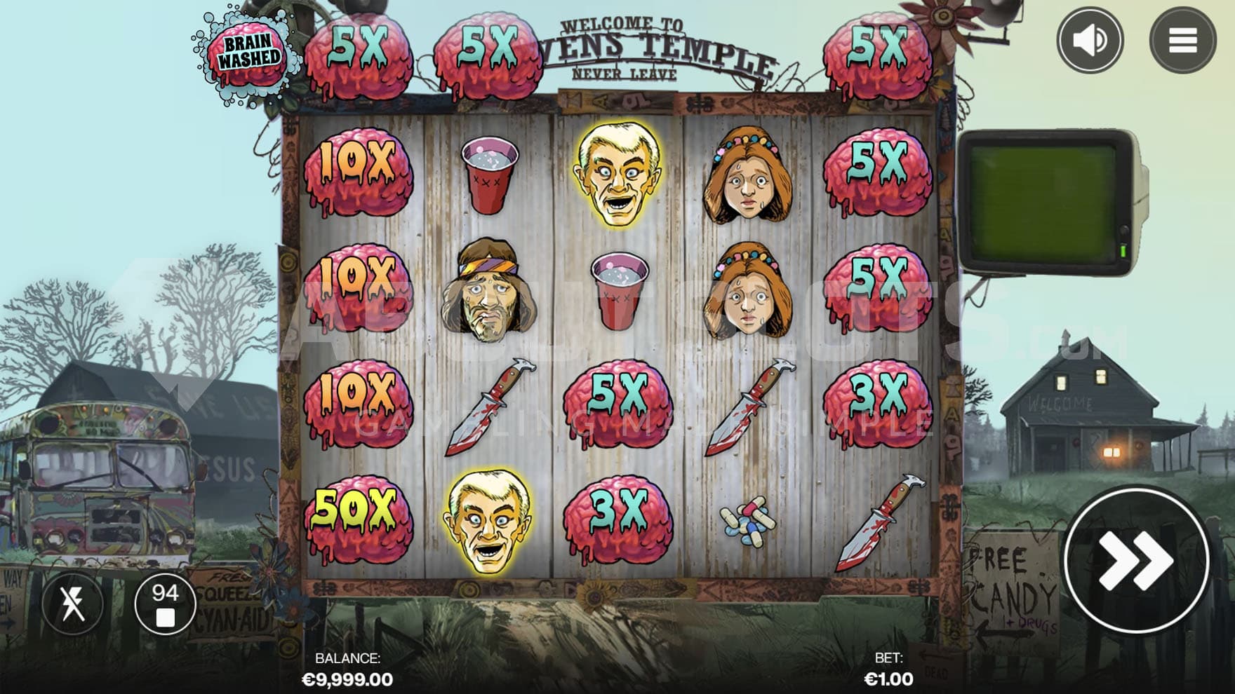 Base game view of a 5x4 grid on a backdrop of a ruined farm.