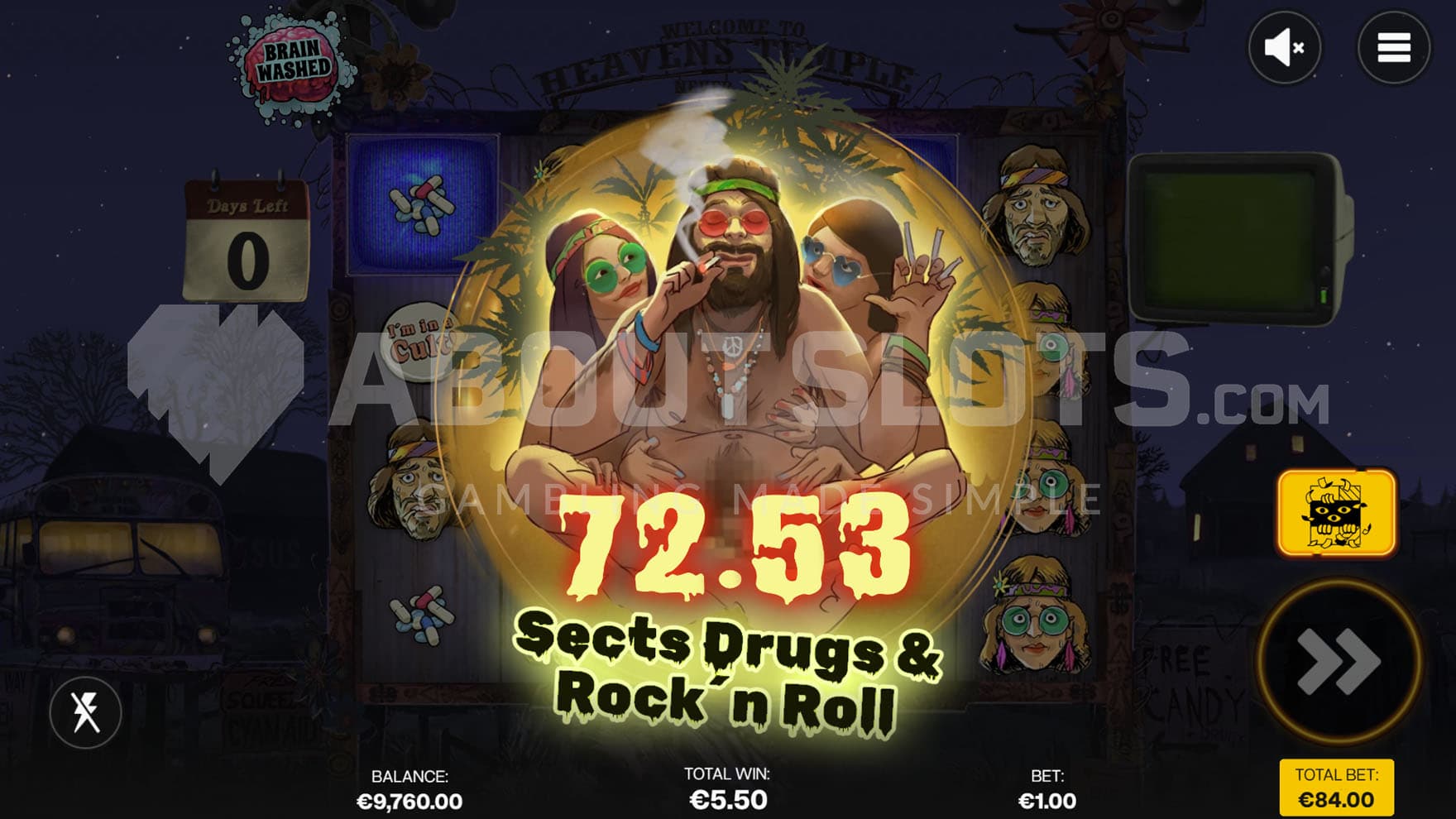 Big Win celebration screen showing a group of hippies.