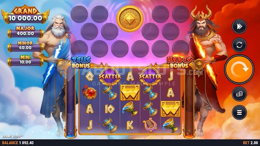 A casino slot featuring the Greek gods Zeus and Hades on each side of the reels.
