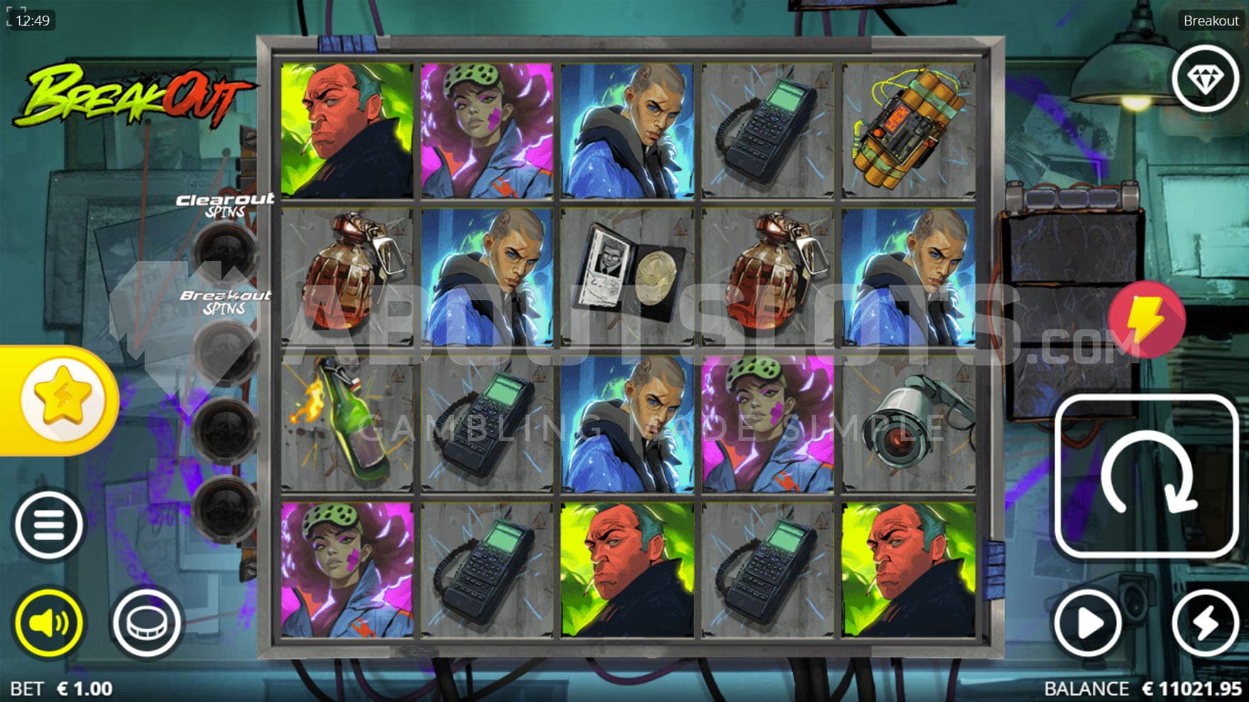 Base Game view of a 5x4 grid on a backdrop of a dark room with plans of an escape lined up on a board.