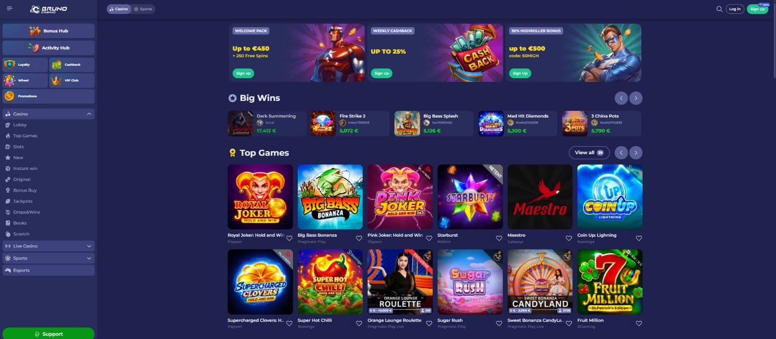 Bruno Casino landing page showing a selection of games, the main menu to the left and some of the welcome offers on top