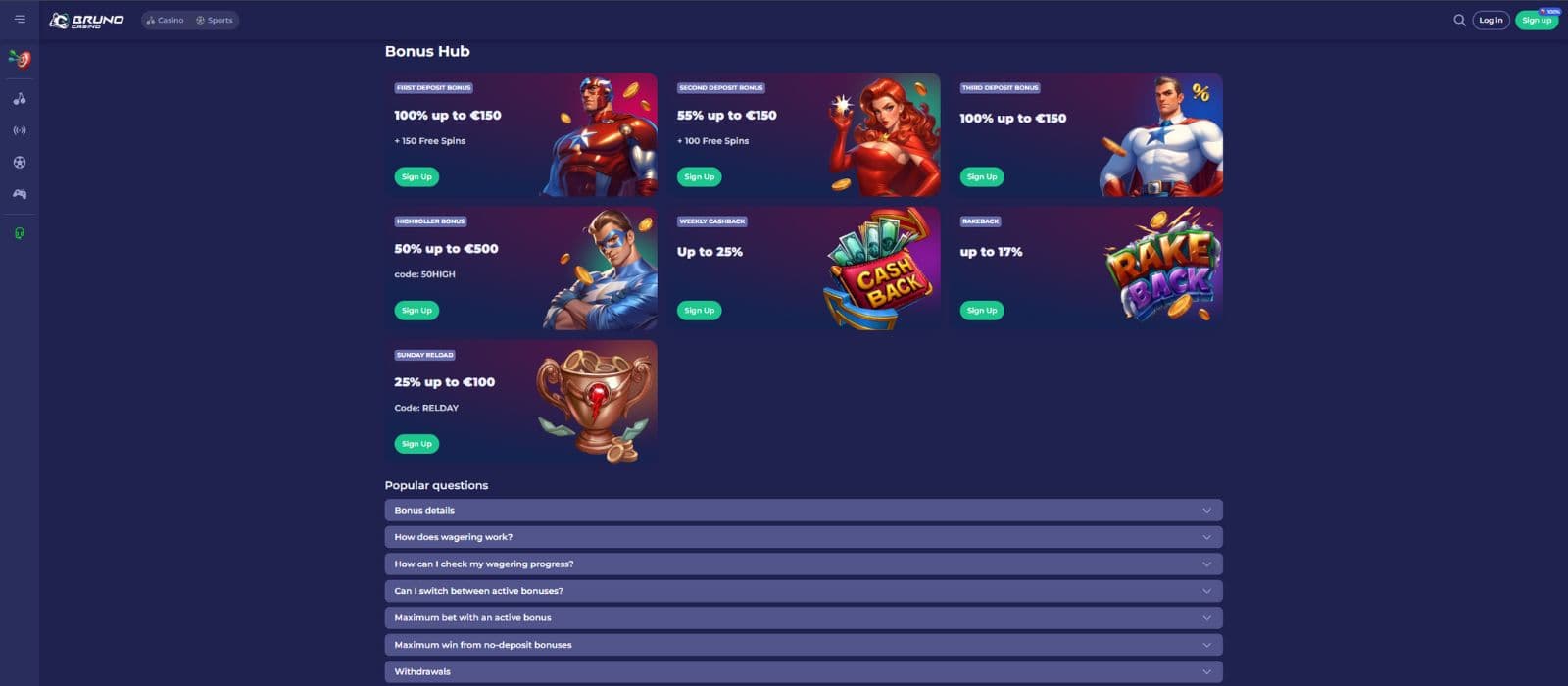 Bruno Casino promotions page showing the available promotions and welcome bonus offers