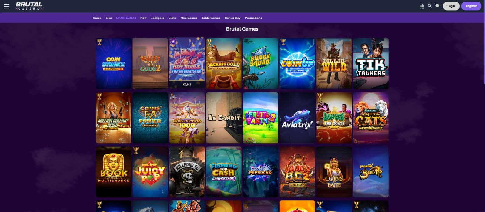 Brutal Casino games page showing a selection of popular slot games