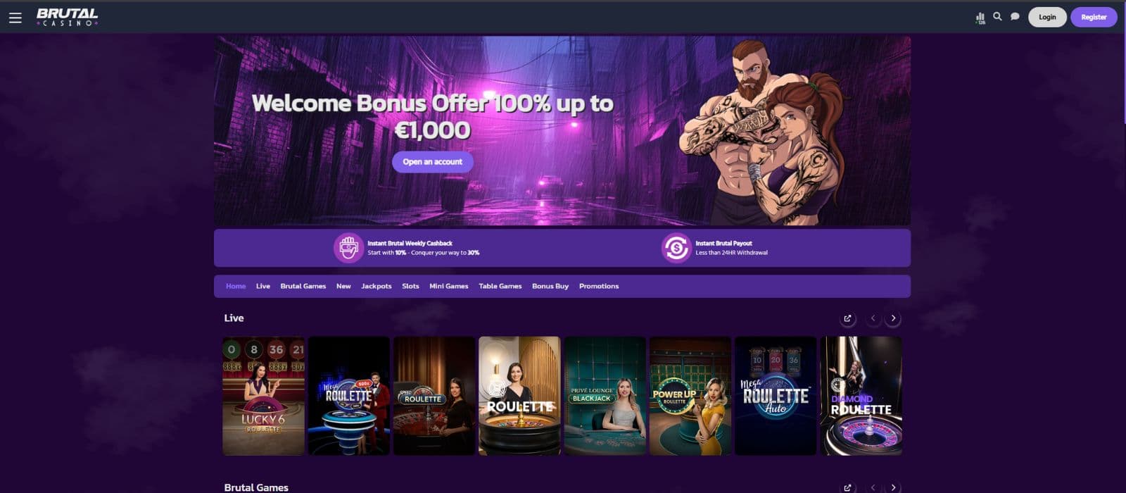 Brutal Casino landing page showing the welcome bonus offer and a few selected games