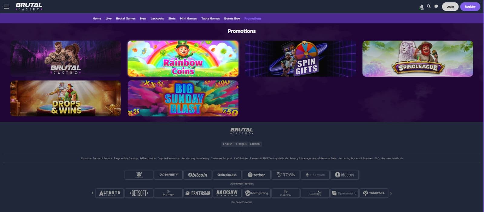 Brutal Casino promotions page showing the available bonus offers and promotions