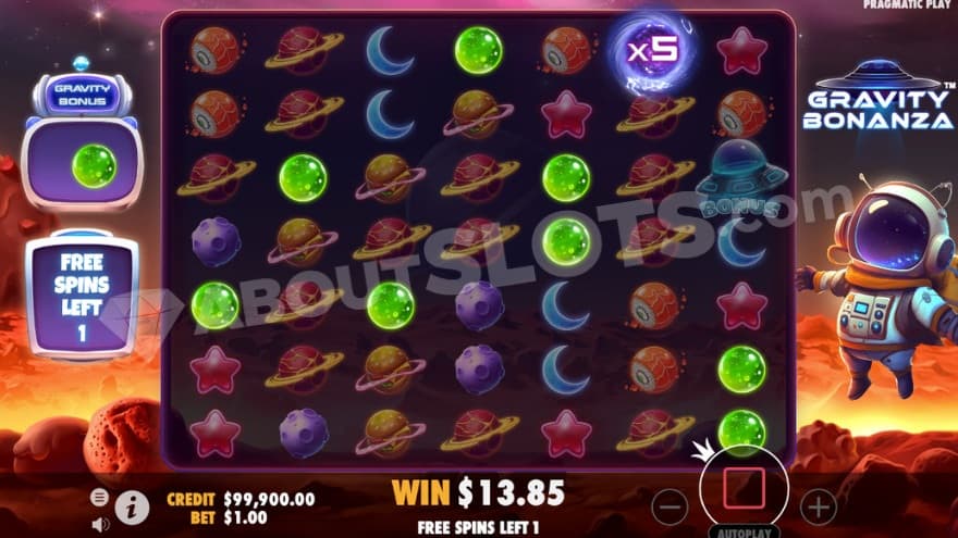 Free Spins bonus game with a 5X black hole symbol on the reels.