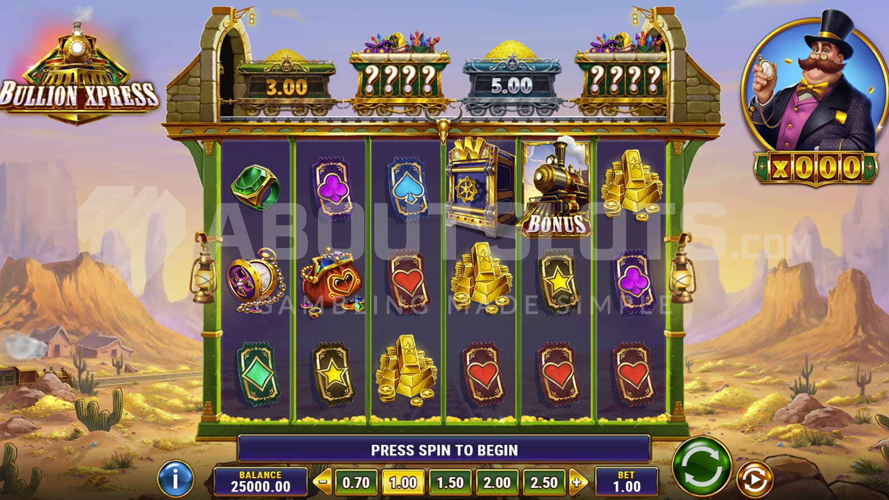 Base Game view of a 6x3 grid on a backdrop of an open landscape with a train traversing it on the left.