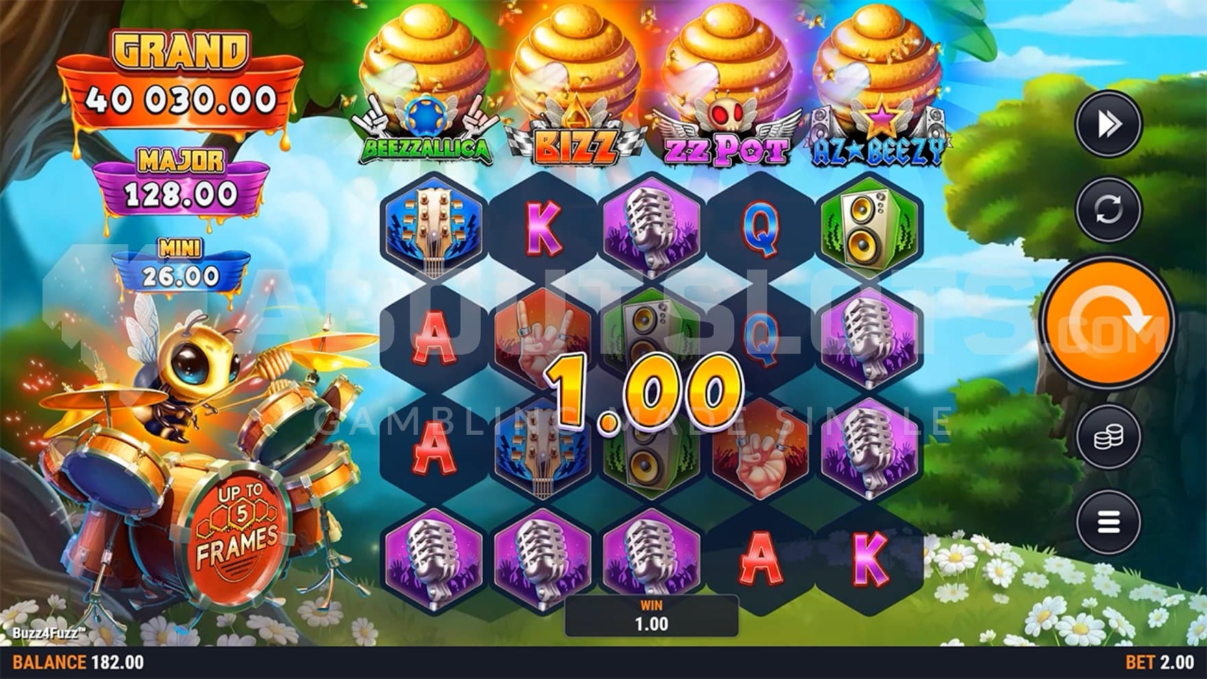 A casino slot with a bee behind a drum set.