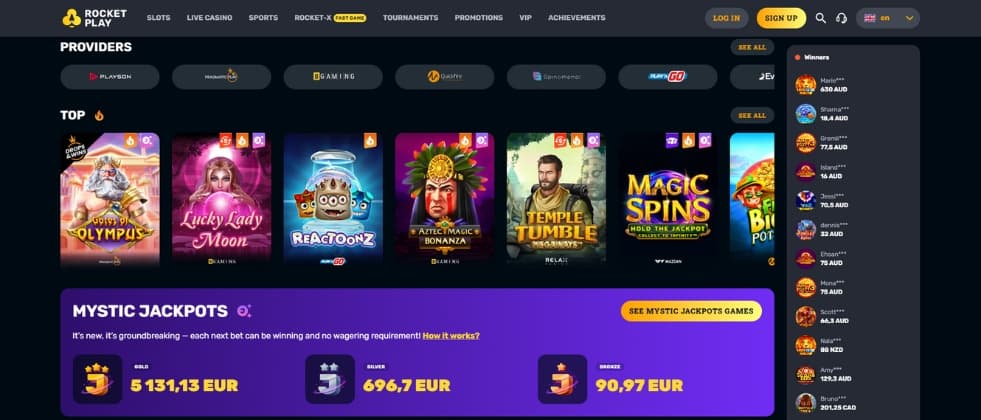 An image of RocketPlay's website