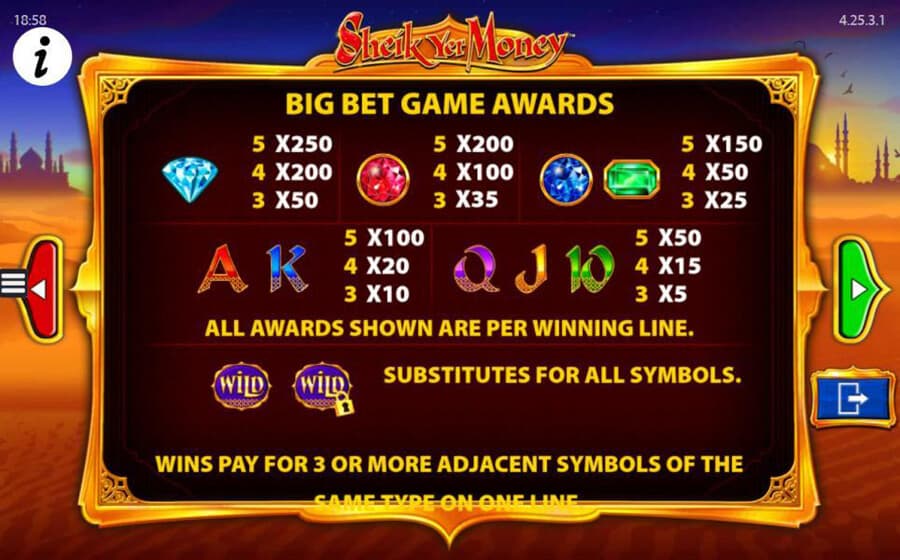 Sheik Yer Money paytable