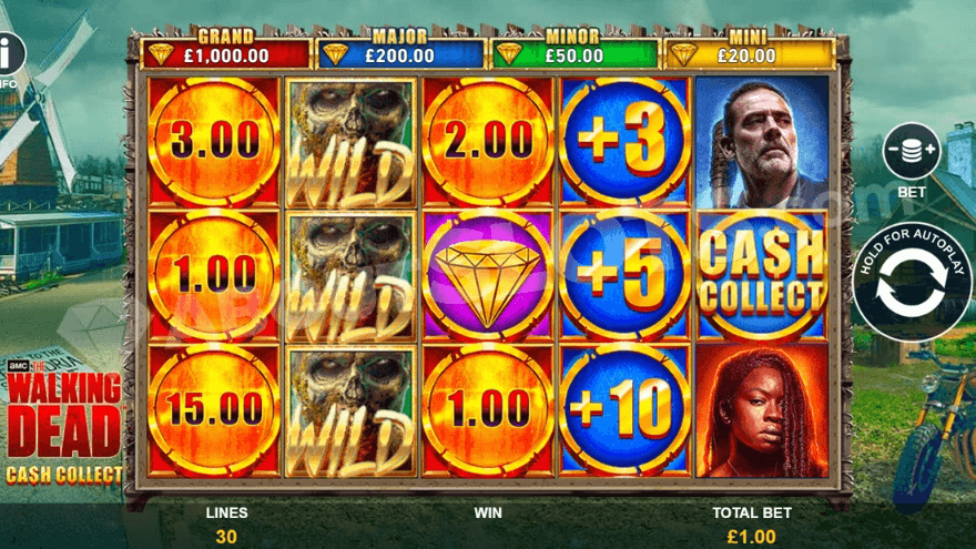 Grid of The Walking Dead Cash Collect slot with spinning reels and a background from the series.